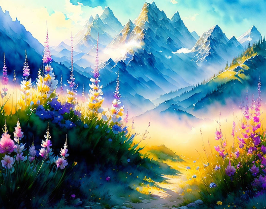 Scenic watercolor landscape of flower-filled valley with blue mountains