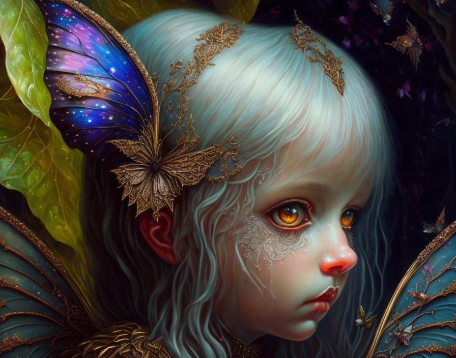 Fantastical girl with butterfly wings and ornate metallic adornments