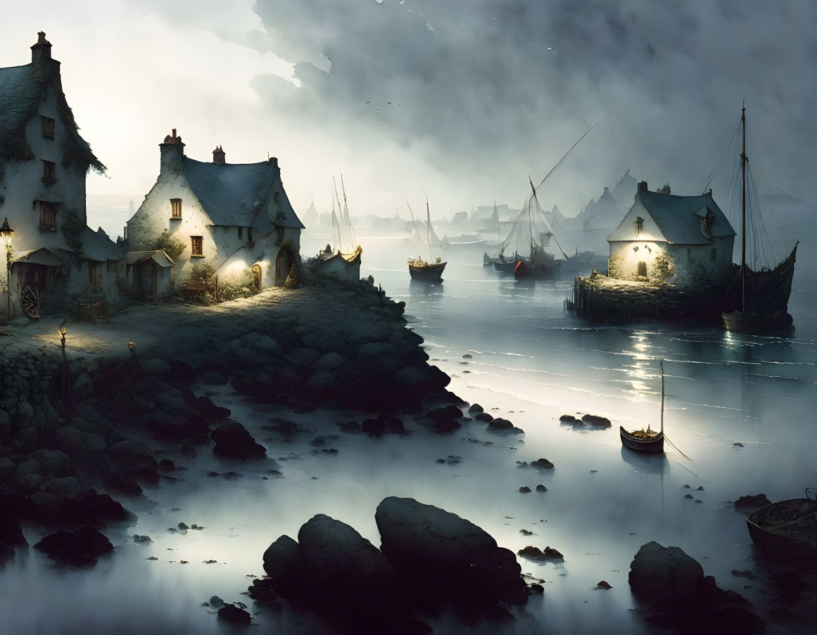 Coastal village at dusk: Thatched cottages, moored boats, misty sea