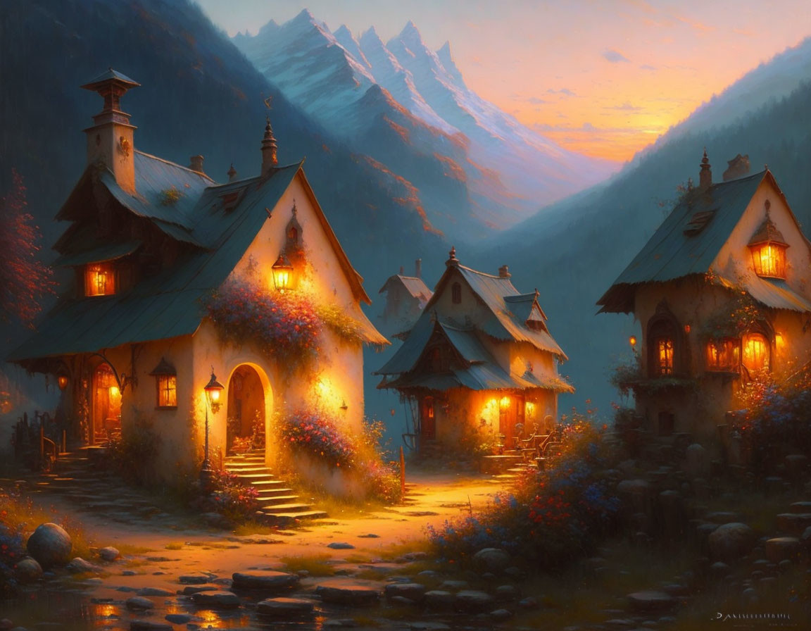 Charming village houses in mountain sunset glow