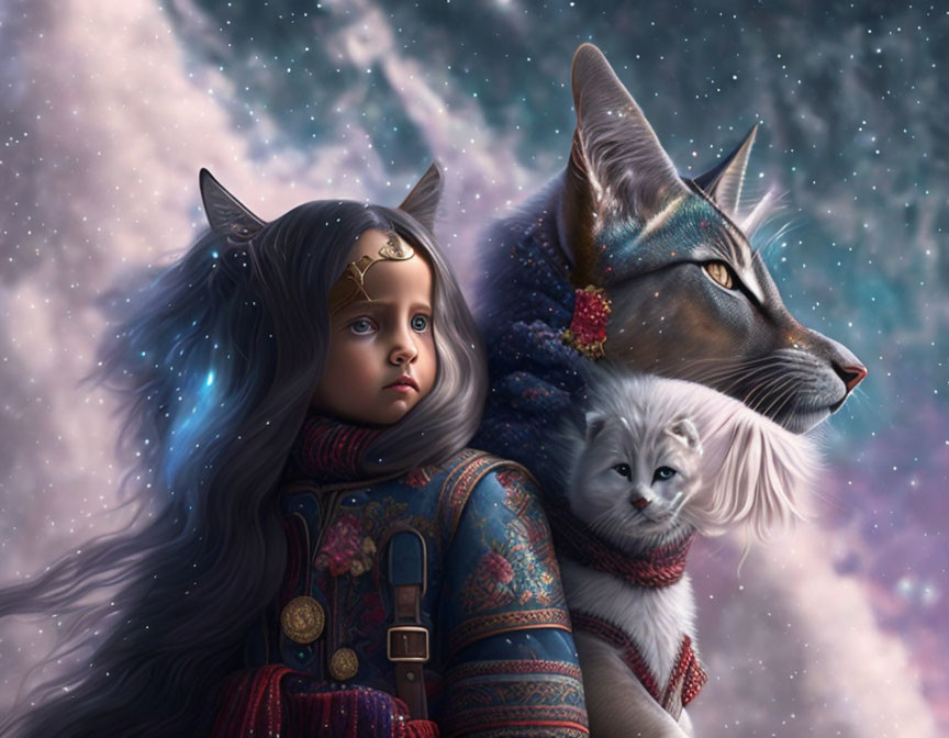 Girl with Cat Ears in Ornate Clothing Beside Large Feline Under Starry Sky