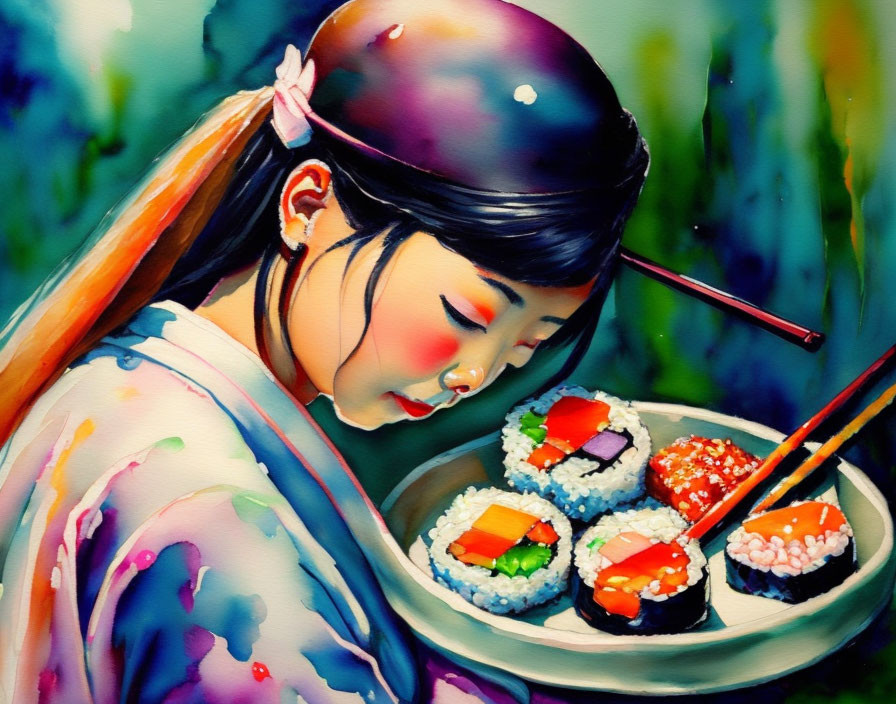 Vibrant illustration: Girl in traditional attire admiring sushi plate