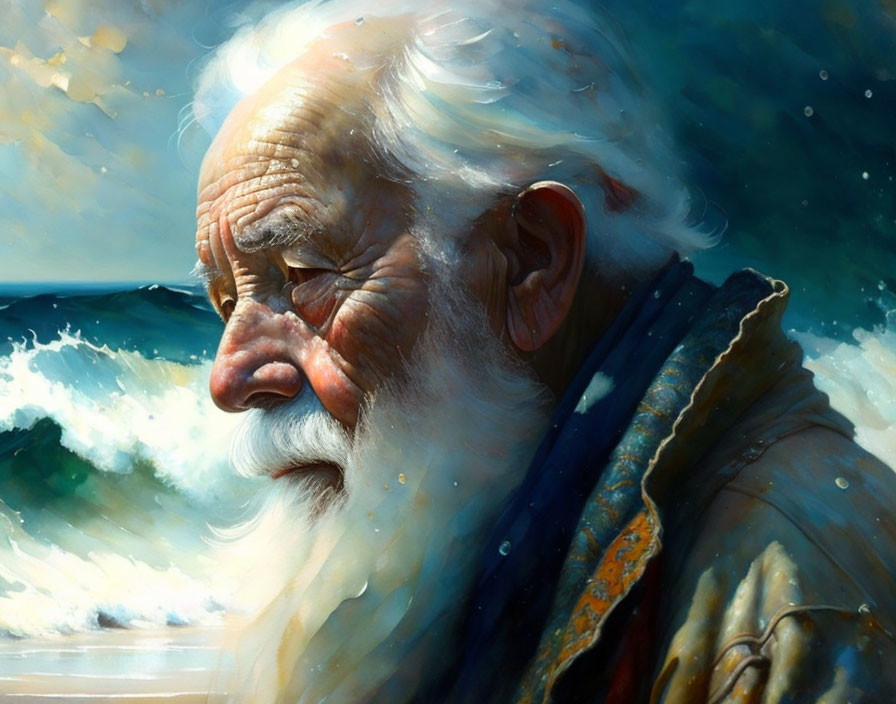 Portrait of elderly man with white beard and ocean backdrop