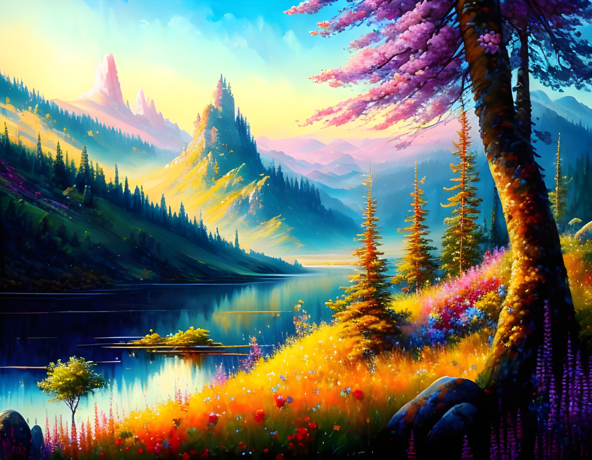 Scenic landscape with cherry blossom tree, wildflowers, lake, and mountains at sunset