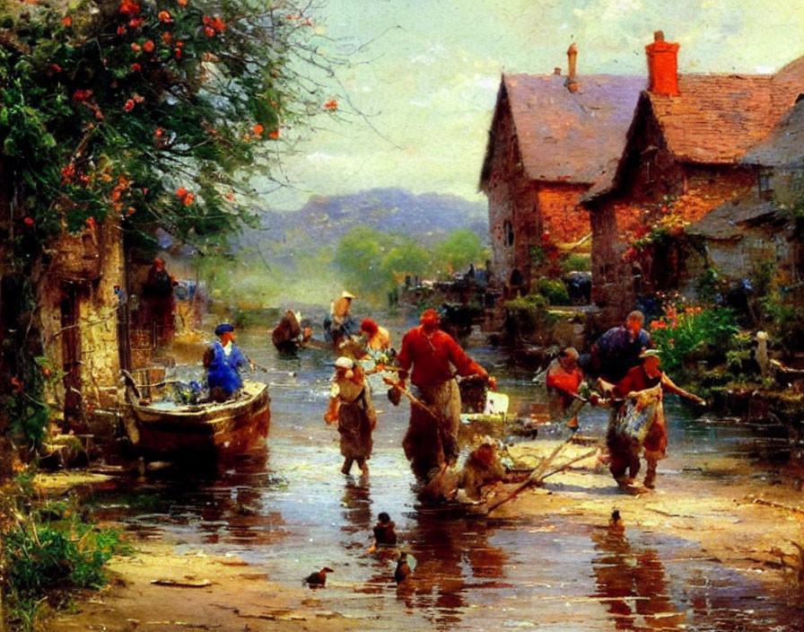 Village scene by river with ducks, boat, quaint houses, greenery.