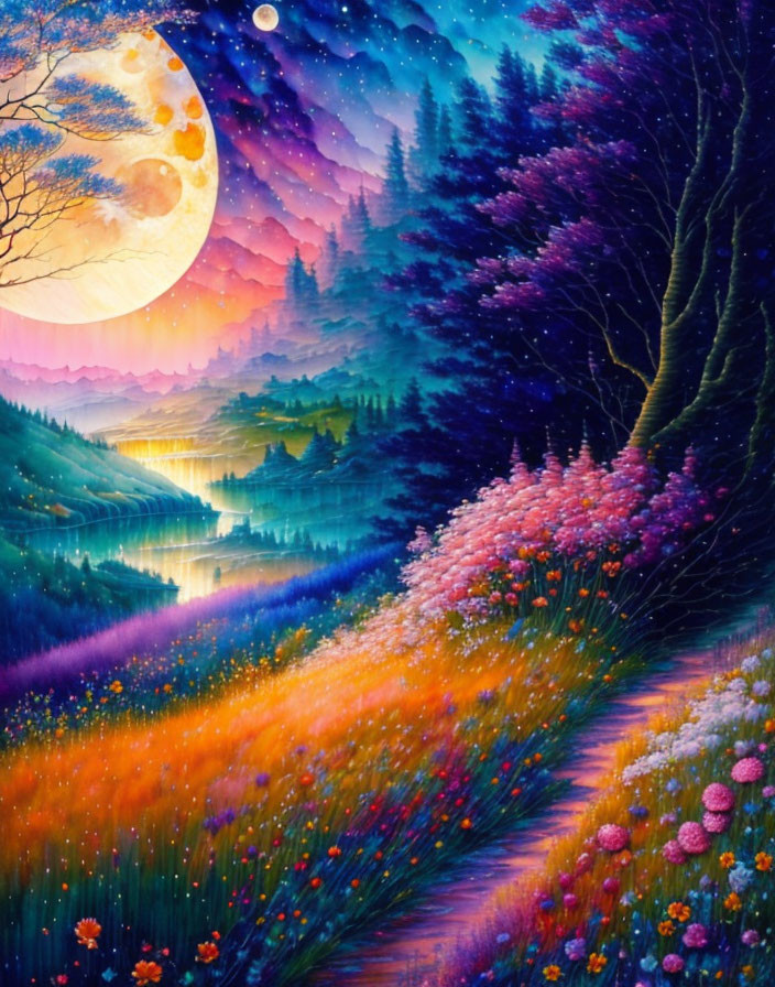 Moonlit Path Painting: River, Trees, Colorful Sky, Flowers