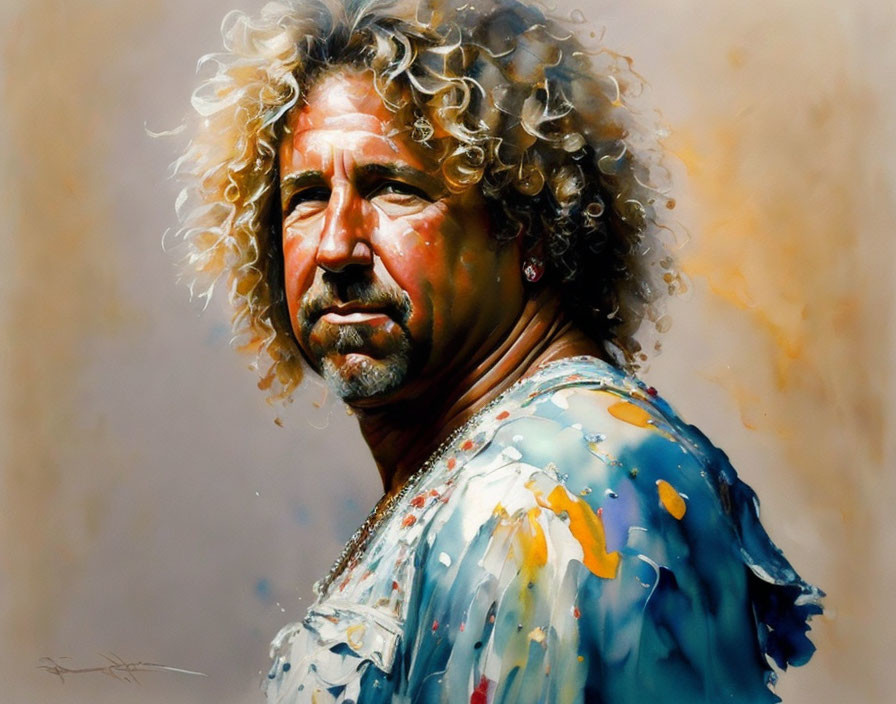 Realistic painting of man with curly blonde hair and goatee in paint-splattered shirt