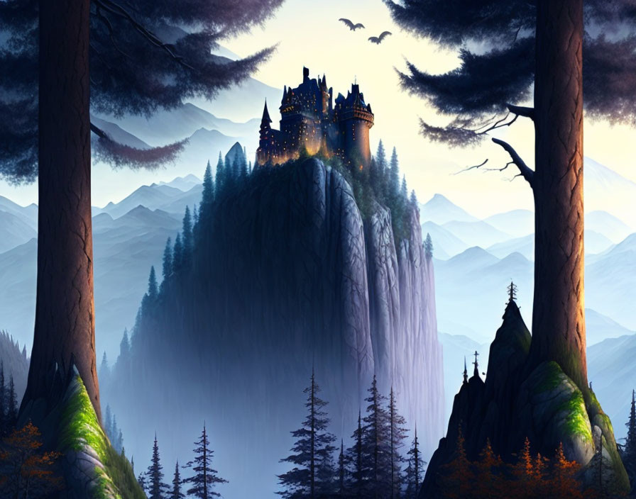 Illuminated castle on cliff with pine forests and misty mountains at twilight