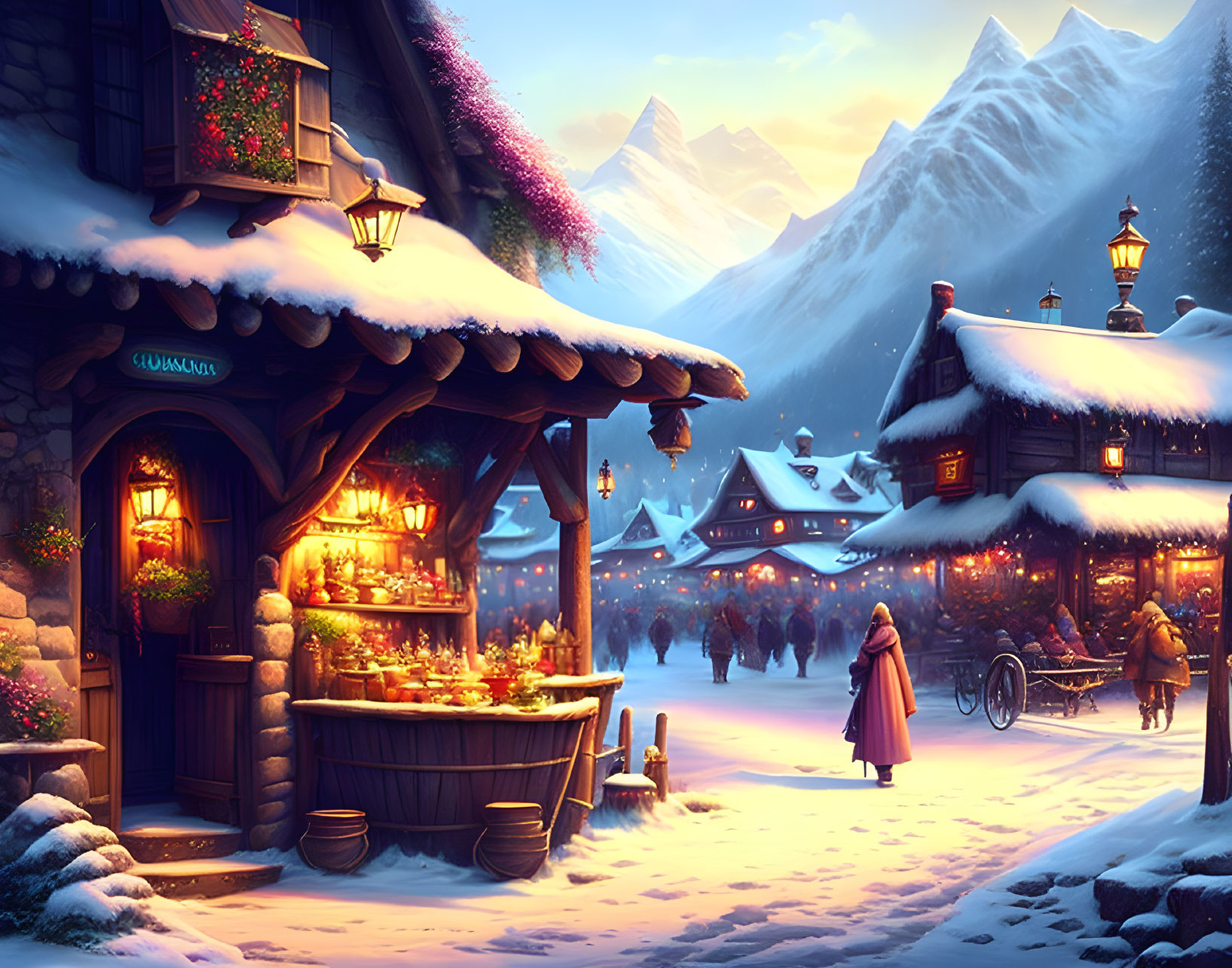 Snow-covered winter village scene at twilight with cozy rooftops, lit shops, bustling streets, and mountain