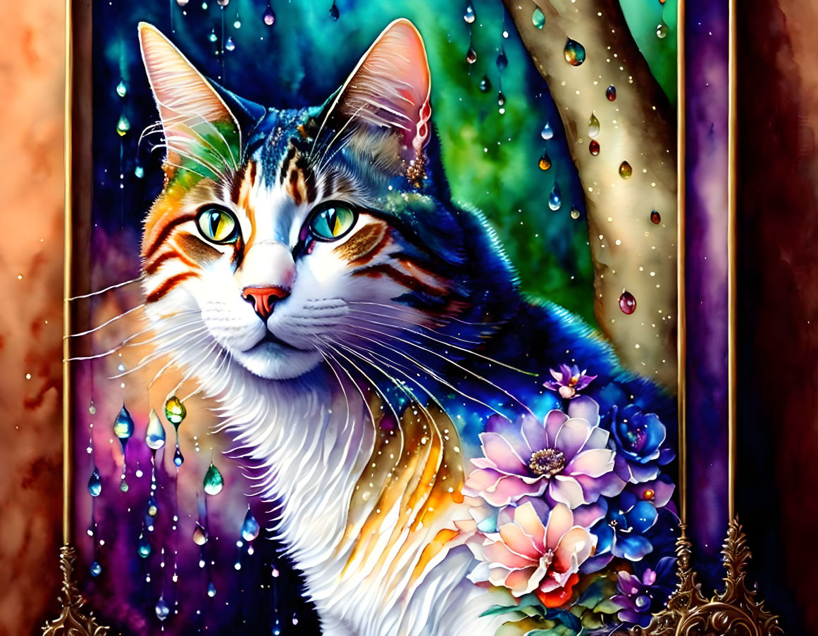 Vibrant cat illustration with gem-like eyes and floral backdrop