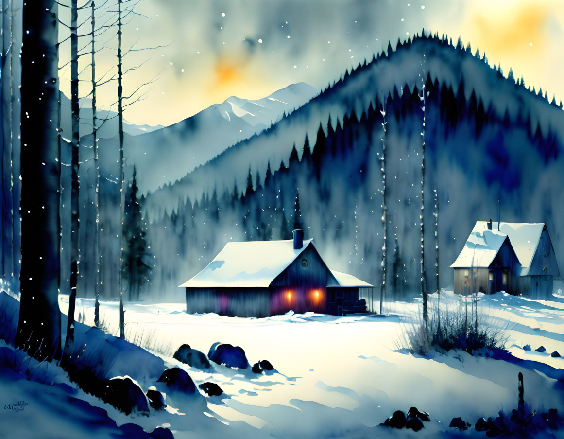 Snow-covered cabins, pine forest, and mountains in serene winter scene