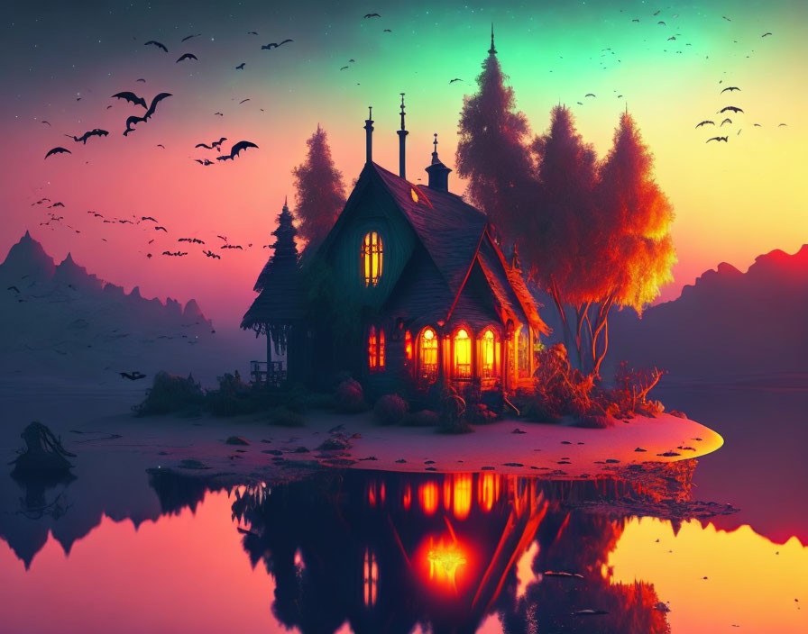 Tranquil Twilight Scene: Cottage by Lake with Birds and Mountains