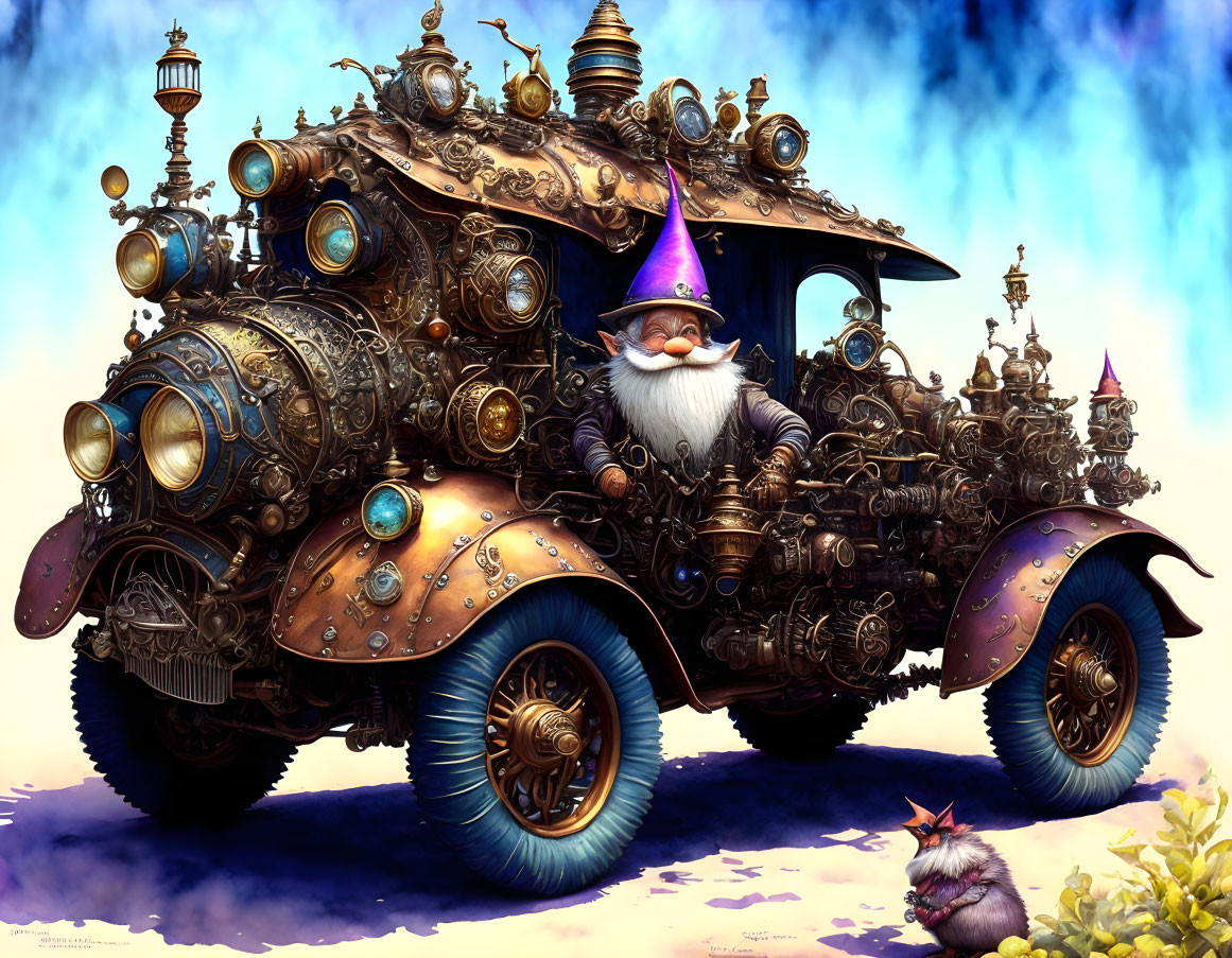 Whimsical steampunk-style gnome driving unique vehicle with fluffy companion