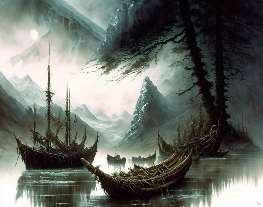 Frozen Lake: Viking Ships, Snow-Capped Mountains, Eerie Trees