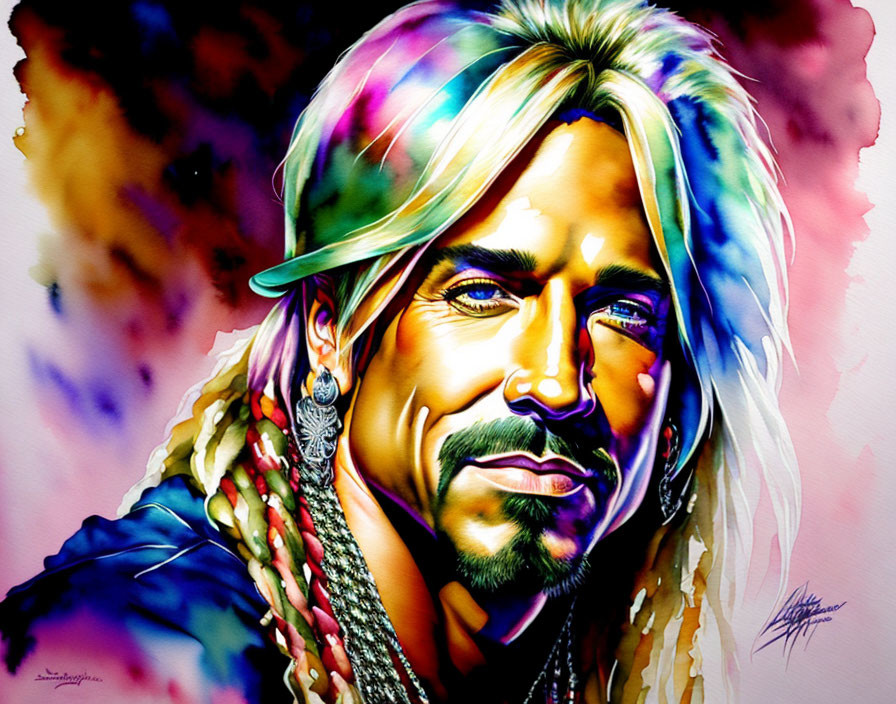 Colorful illustration of a man with long blond hair and hat amid abstract background