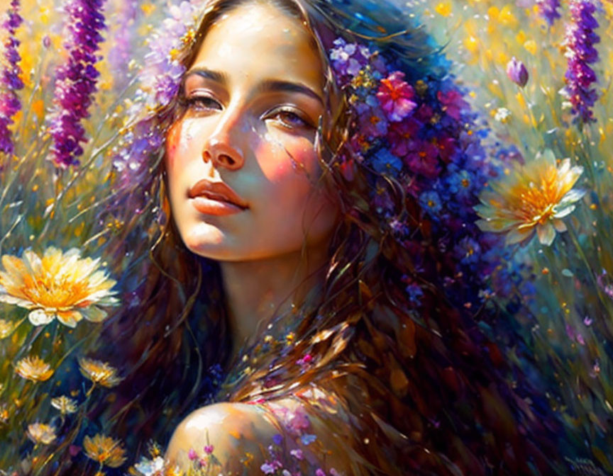 Portrait of woman with long wavy hair and colorful flowers, looking contemplative