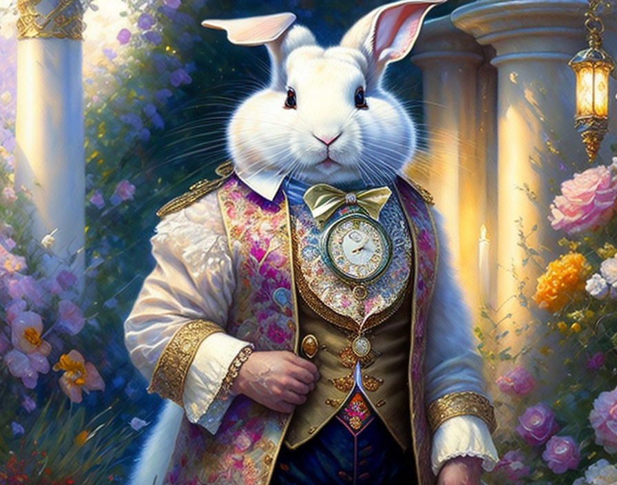 White Rabbit in Gold-Trimmed Coat with Pocket Watch in Garden