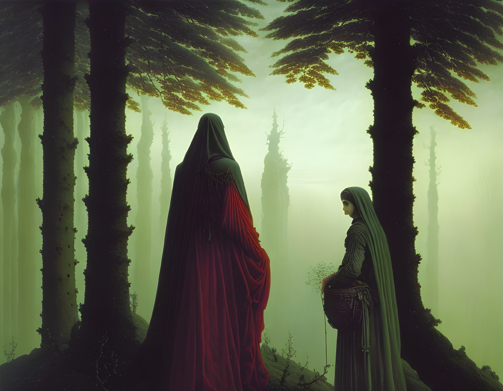 Cloaked Figures in Mystical Forest with Castle-Like Structure