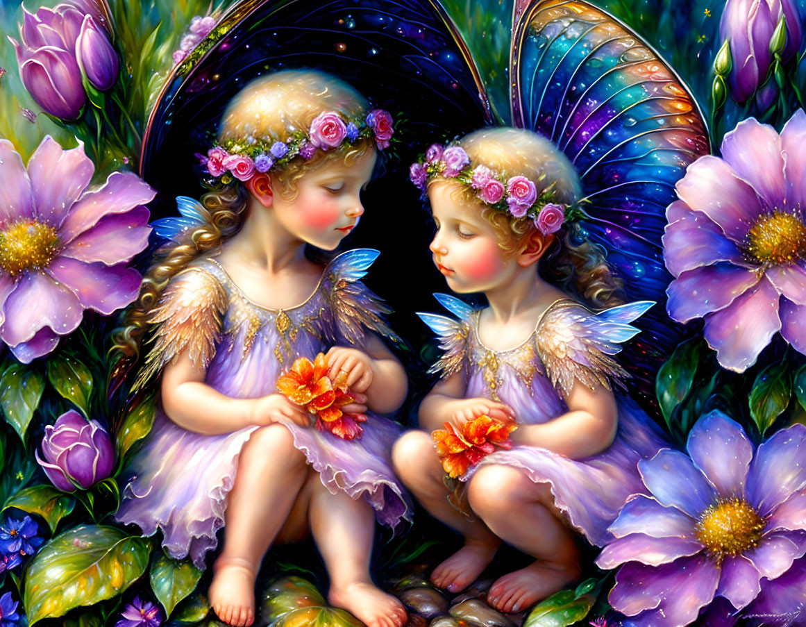 Children with wings and floral crowns surrounded by vibrant flowers and sharing a tender gaze