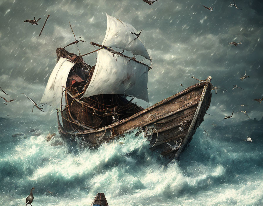 Old boat with tattered sails in stormy sea with birds and calm observer