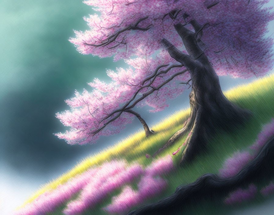 Digital Art: Serene Cherry Blossom Tree on Grassy Hill