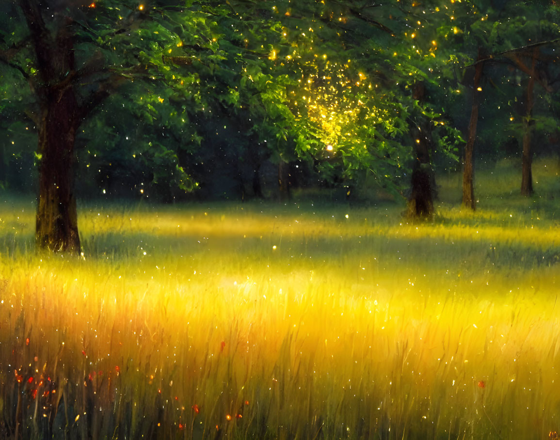 Lush forest with sunlight filtering over meadow