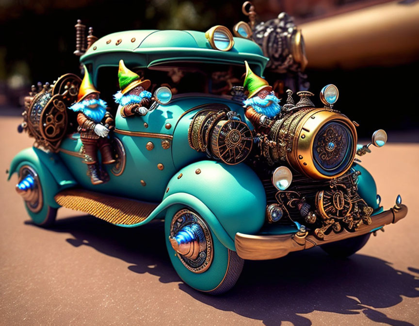 Turquoise Steampunk Vehicle with Brass Accents and Gnome Figures