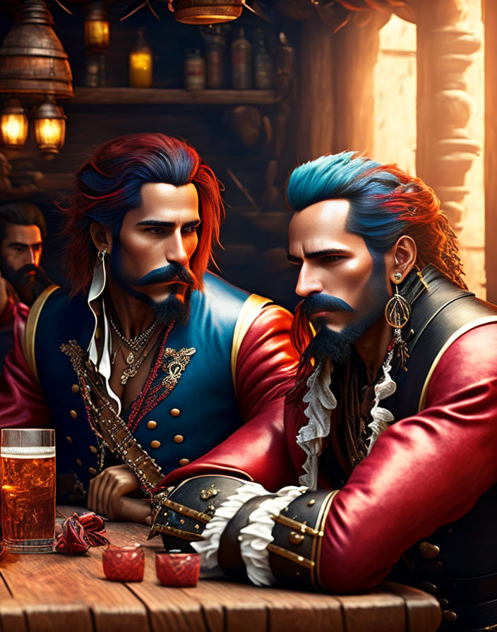 Colorful pirate-themed artwork featuring two stylized male figures with elaborate facial hair seated at a bar in