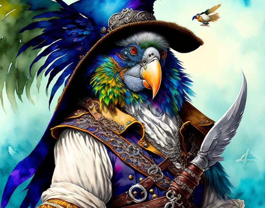 Vibrant parrot pirate illustration with hat, eye patch, cutlass