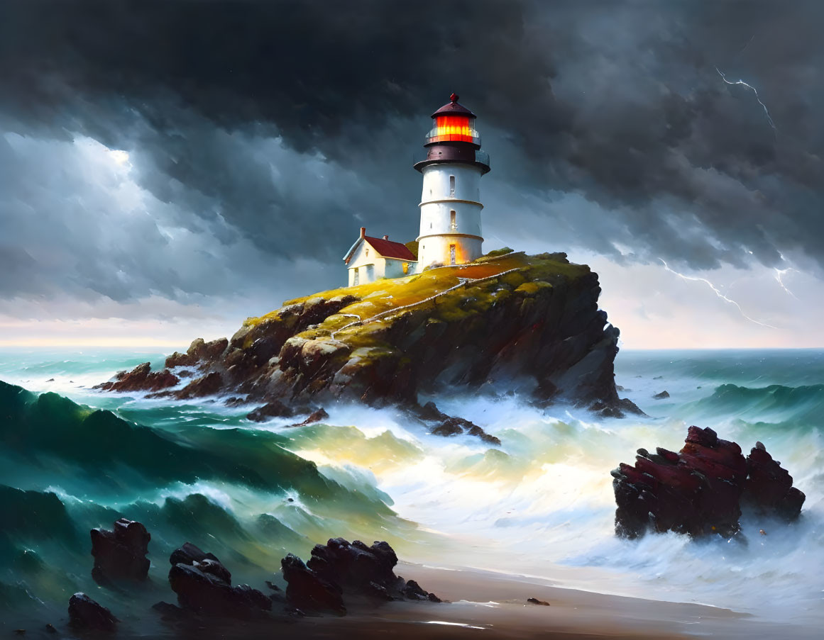 Stormy sea with crashing waves, lighthouse on cliff, lightning bolt on horizon