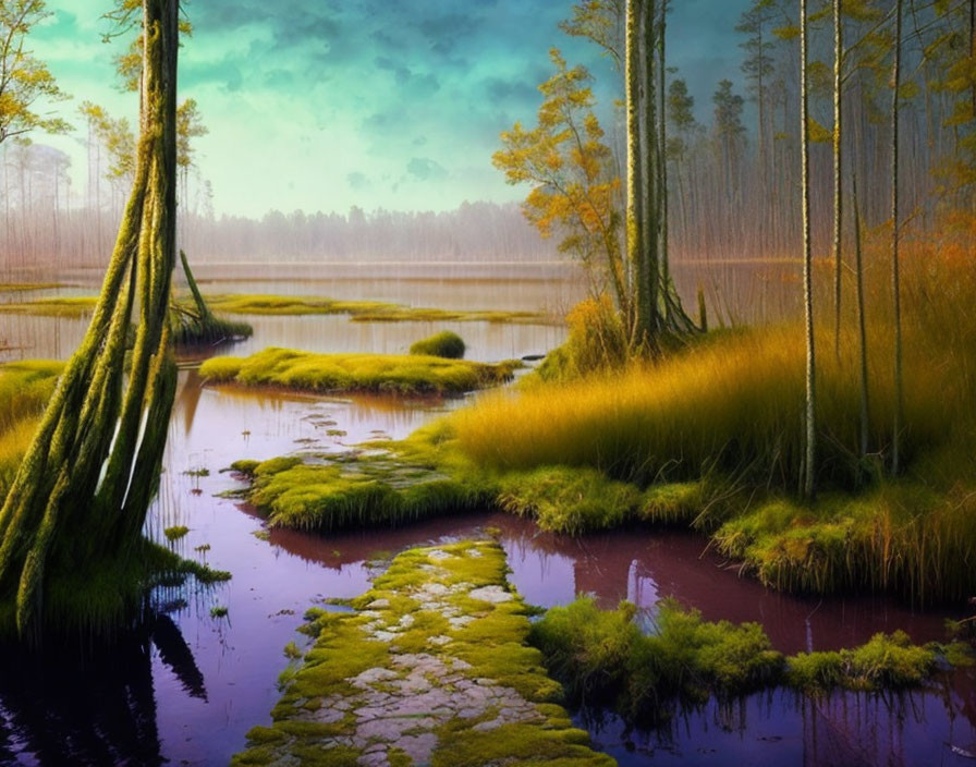 Tranquil swamp landscape with stepping stones, tall trees, and serene waterfront