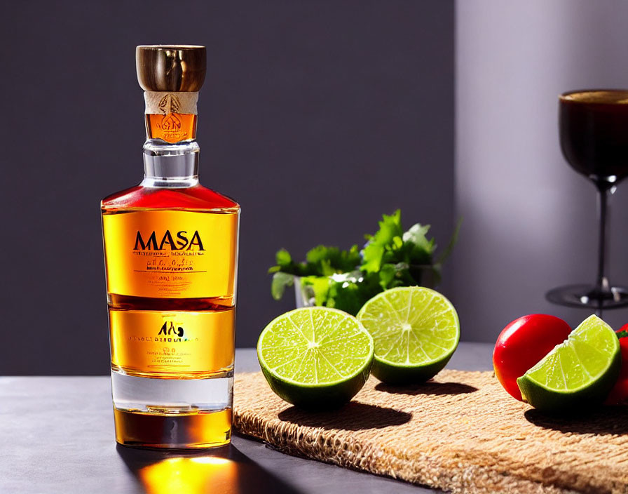 Tequila bottle with limes, chili, and glass on table in warm lighting