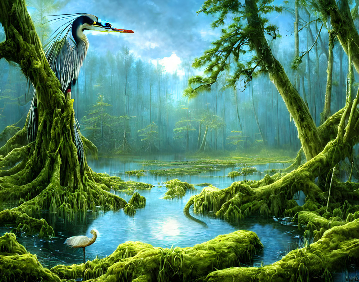 Tranquil wetland scene with herons in lush greenery