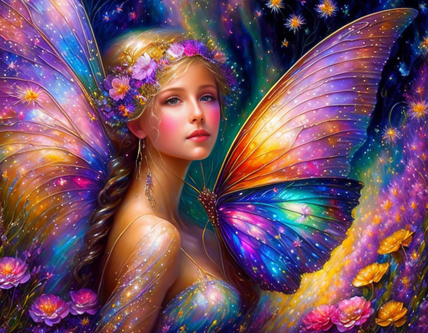 Fantastical woman with butterfly wings and floral hair in colorful, starry scene