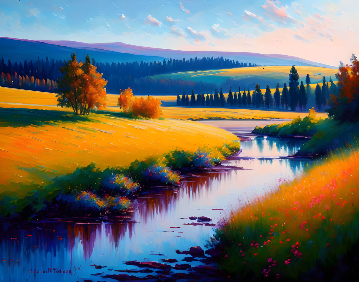 Colorful Landscape Painting: River, Meadow, Trees, Hills, Sunset Sky