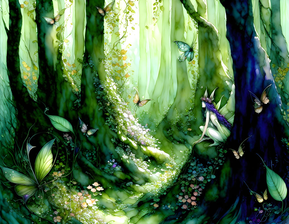 Tranquil Forest Glade with Sunlight and Butterflies