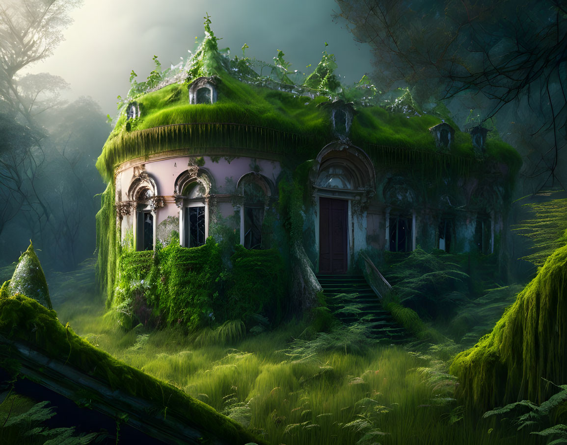 Abandoned mansion in mystical forest with lush greenery