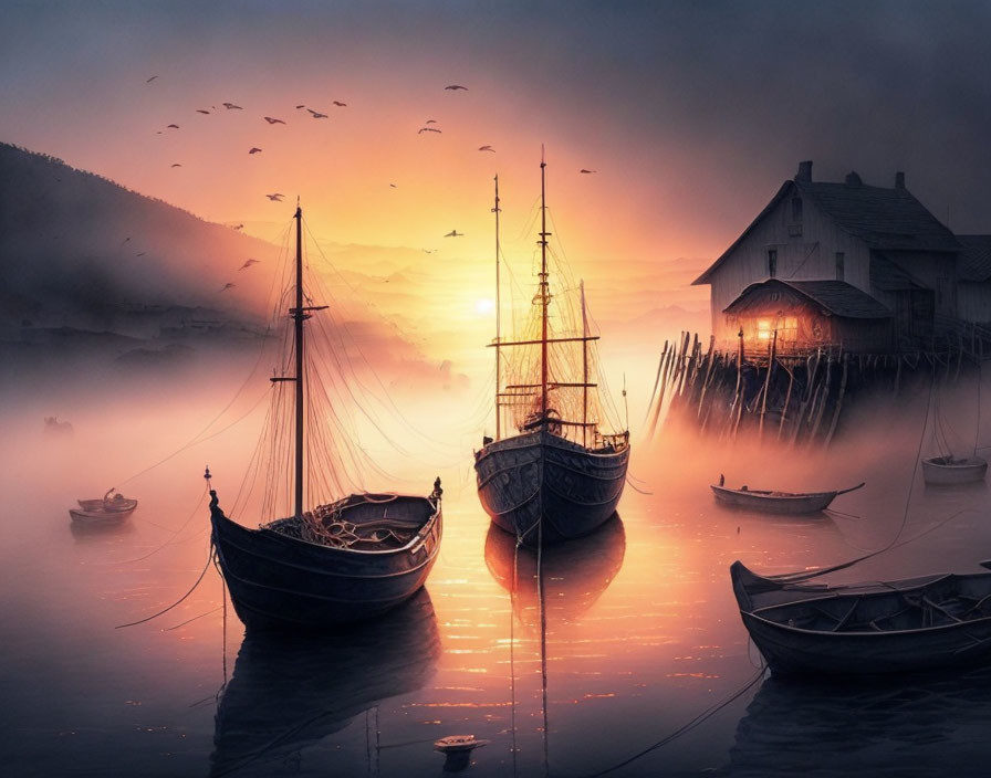 Tranquil harbor sunrise with sailing ships, misty water, birds, and orange sky