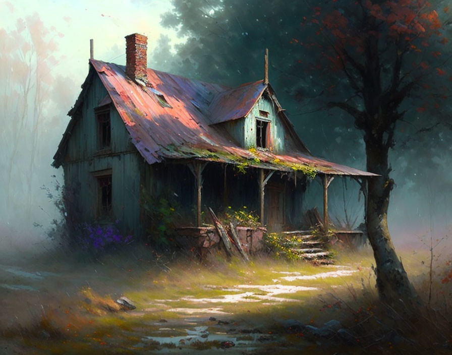 Weathered house with rusted roof in misty forest setting