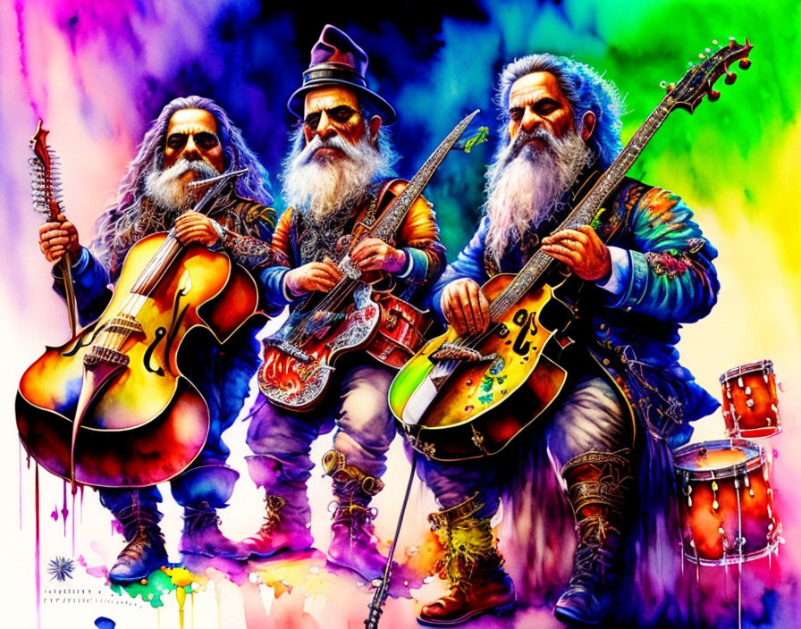 Elderly Musicians Playing Instruments in Psychedelic Setting