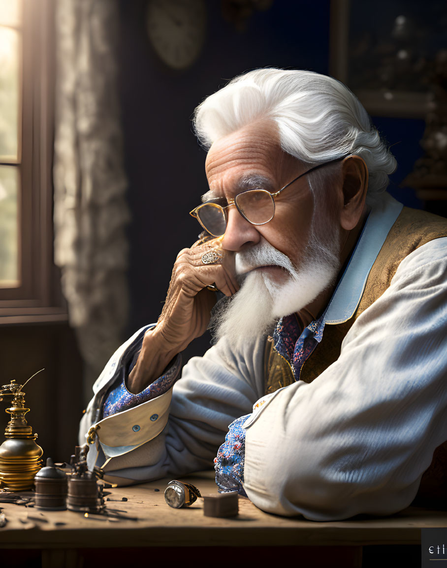 Elderly man with white hair and beard playing chess in vintage room