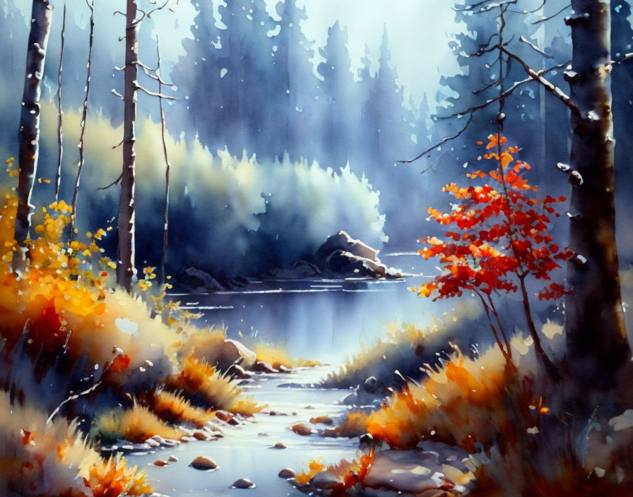 Tranquil forest river scene with colorful foliage