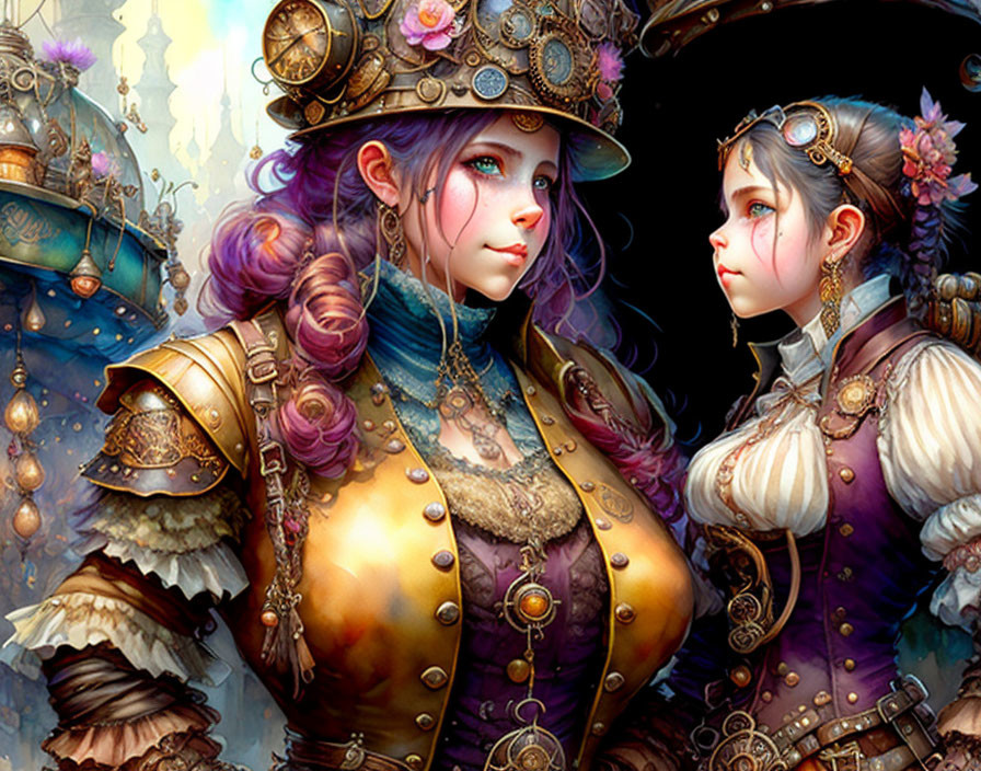 Steampunk-style female characters in Victorian outfits with gears and golden accessories.