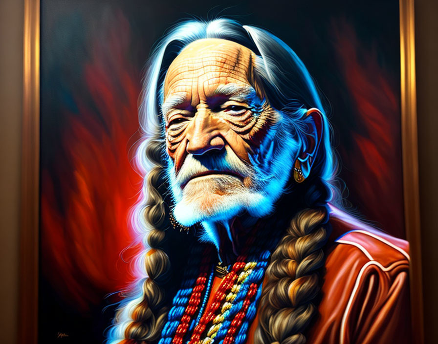 Elderly man with long braided hair in red shirt and beads portrait