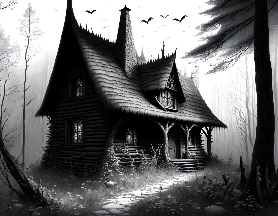 Monochrome image of eerie old cottage in foggy forest