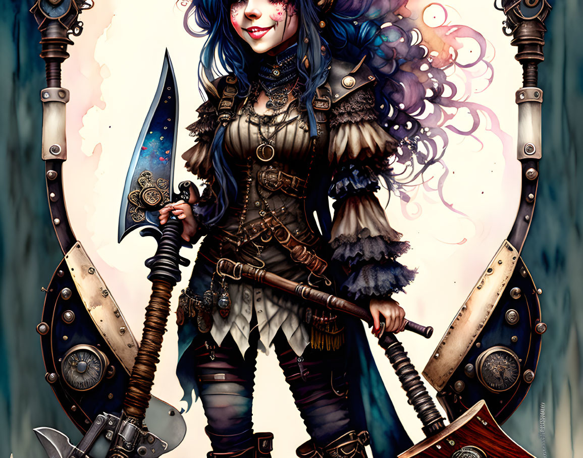 Colorful-haired female warrior in detailed celestial and steampunk armor with ornate swords