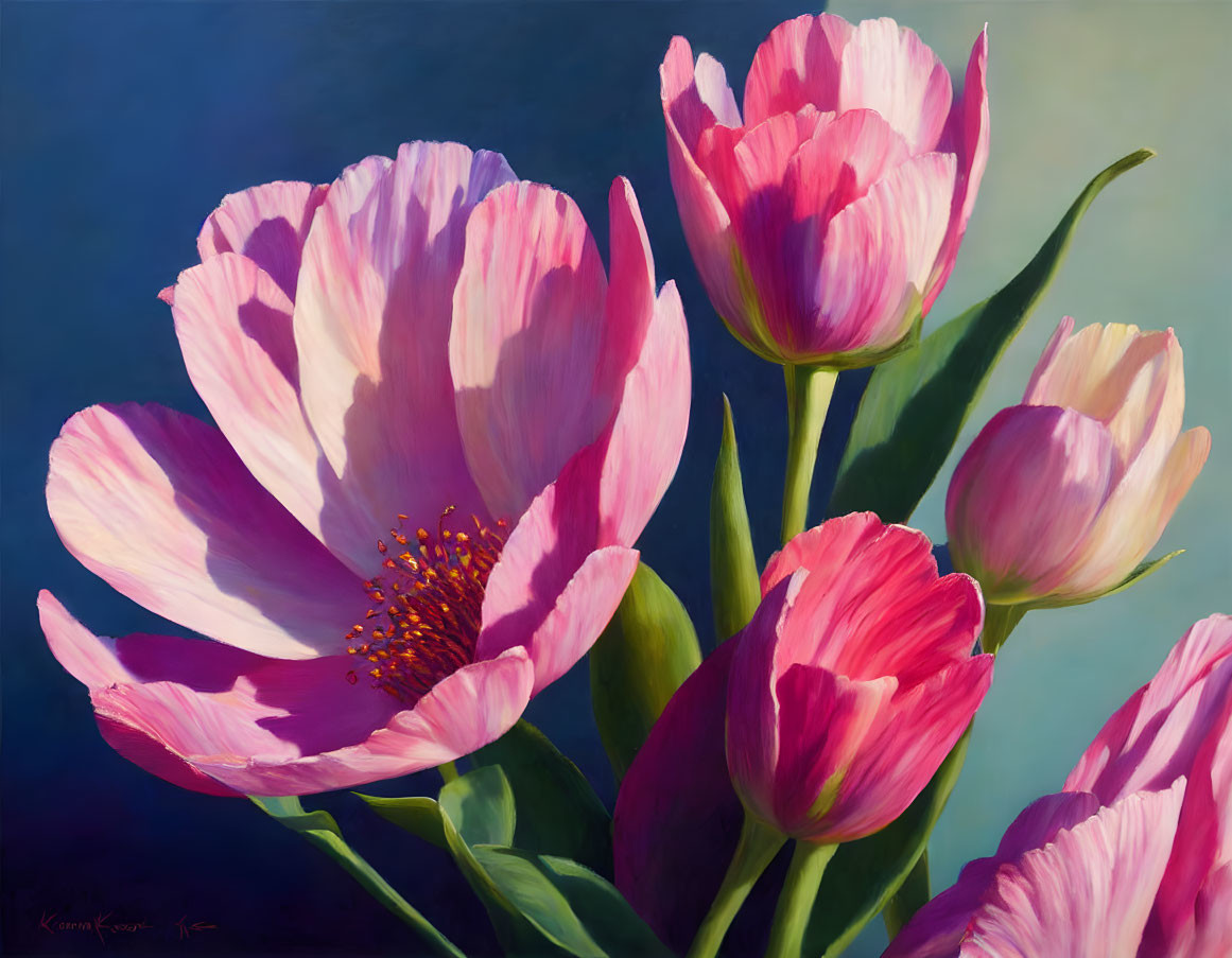 Detailed Pink Tulip Painting on Soft Blue Background