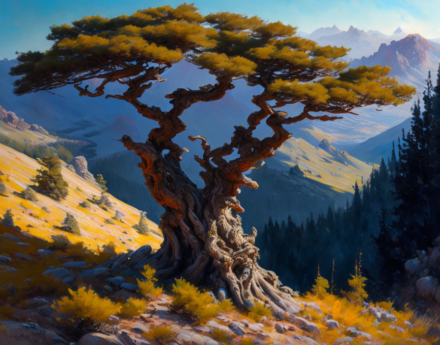 Twisted tree with broad canopy in colorful mountain landscape