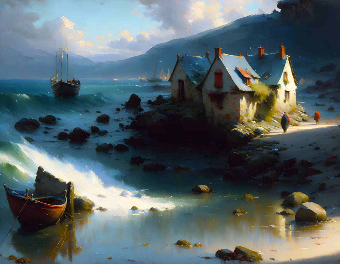 Red-roofed seaside cottages under golden sunlight with crashing waves, a boat, and distant mountains