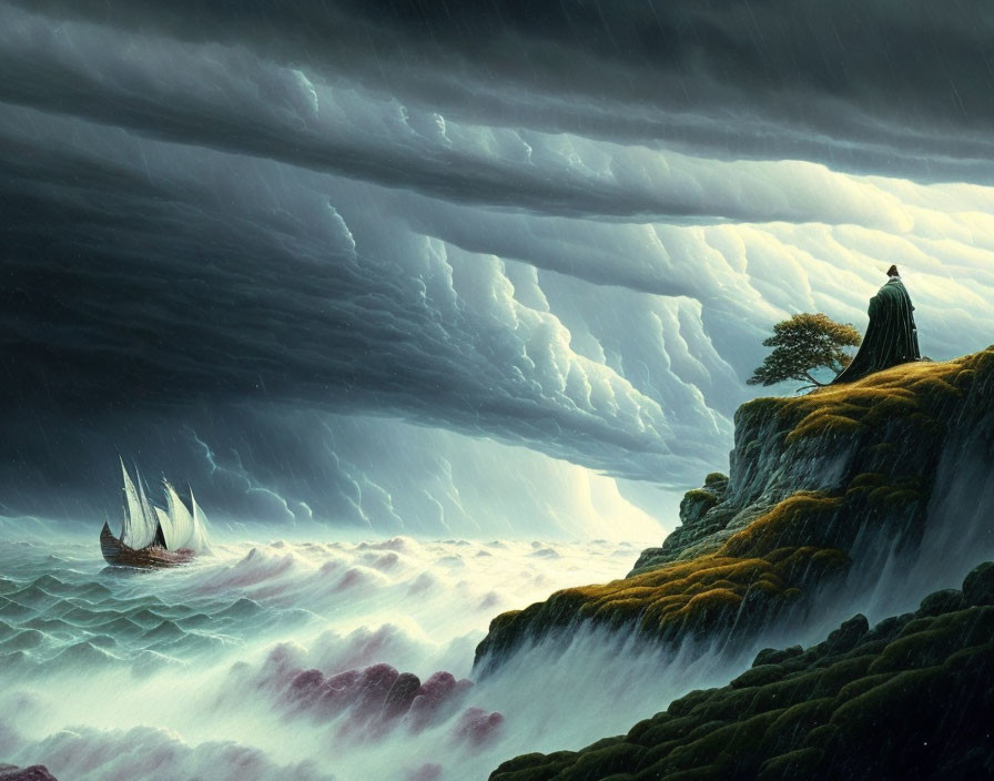 Stormy seascape with cloaked figure on cliff watching ship in turbulent waters